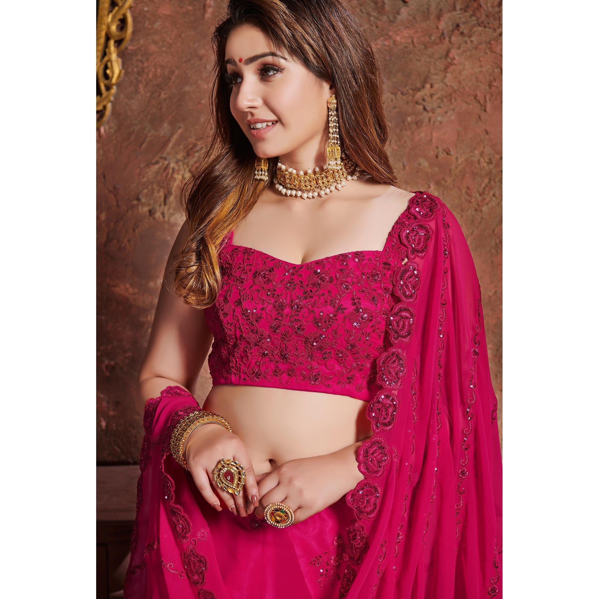Classy Pink Colored Wedding Wear Embroidered Georgette Lehenga Choli - Peachmode