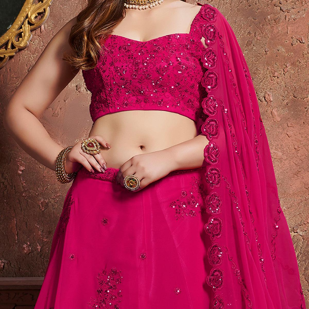 Classy Pink Colored Wedding Wear Embroidered Georgette Lehenga Choli - Peachmode