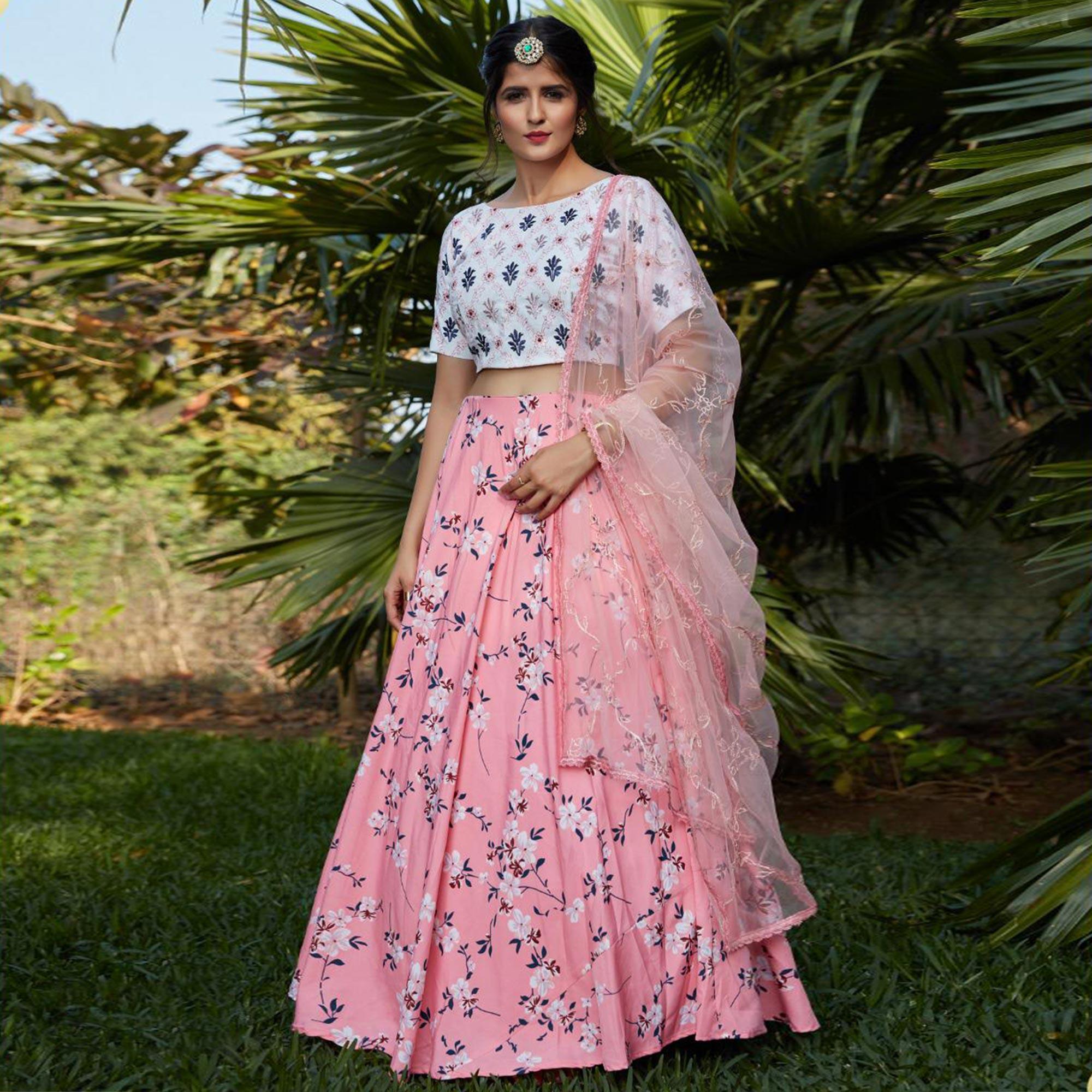 Classy Pink-White Colored Floral Printed Partywear Silk Crepe Lehenga Choli - Peachmode