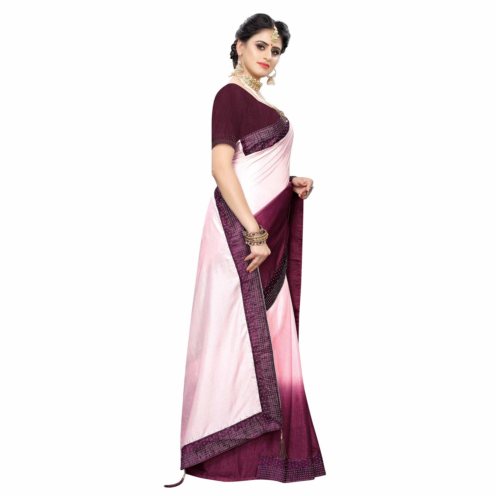Classy Purple Colored Partywear Stone Work Sana Silk Saree - Peachmode