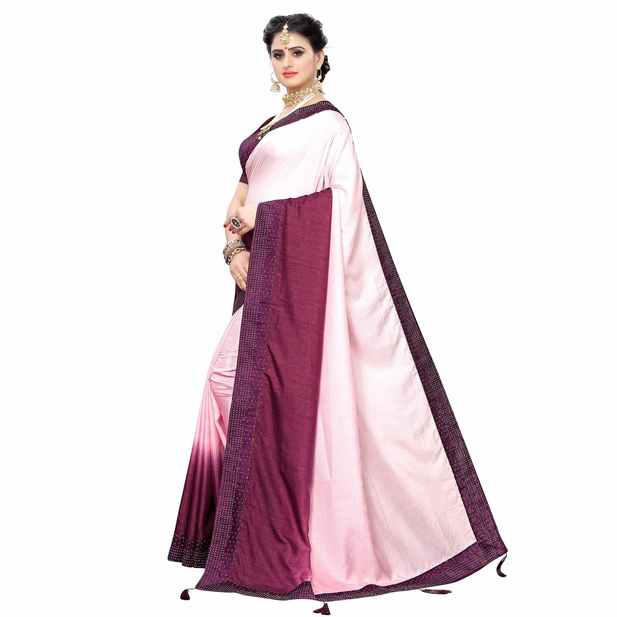 Classy Purple Colored Partywear Stone Work Sana Silk Saree - Peachmode