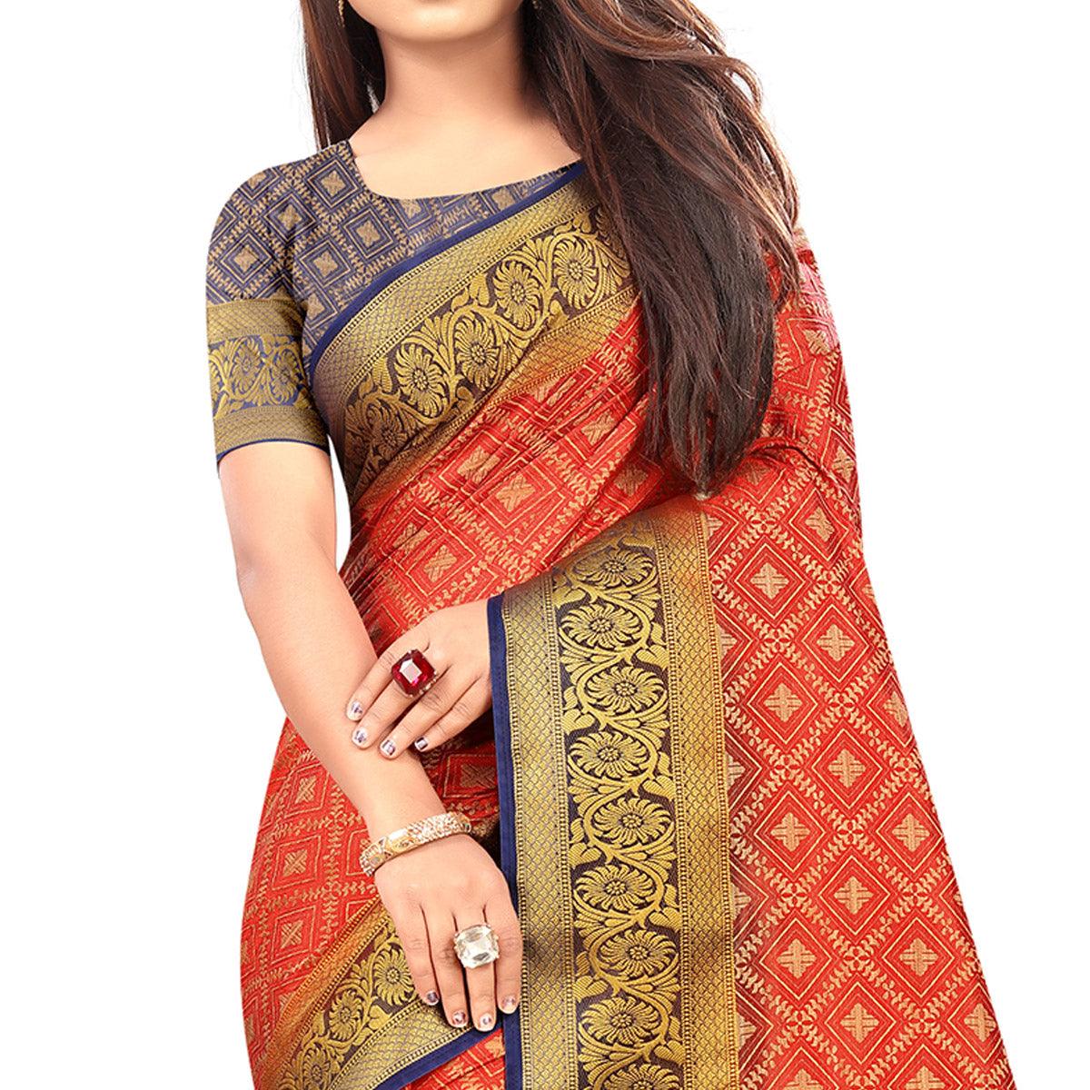 Classy Red Colored Festive Wear Woven Art Silk Saree - Peachmode