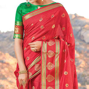 Classy Red Colored Festive Wear Woven Cotton Handloom Saree - Peachmode