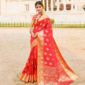 Classy Red Colored Festive Wear Woven Silk Sareee - Peachmode