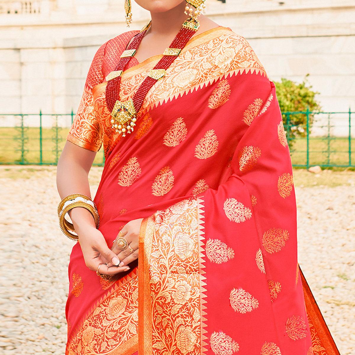 Classy Red Colored Festive Wear Woven Silk Sareee - Peachmode