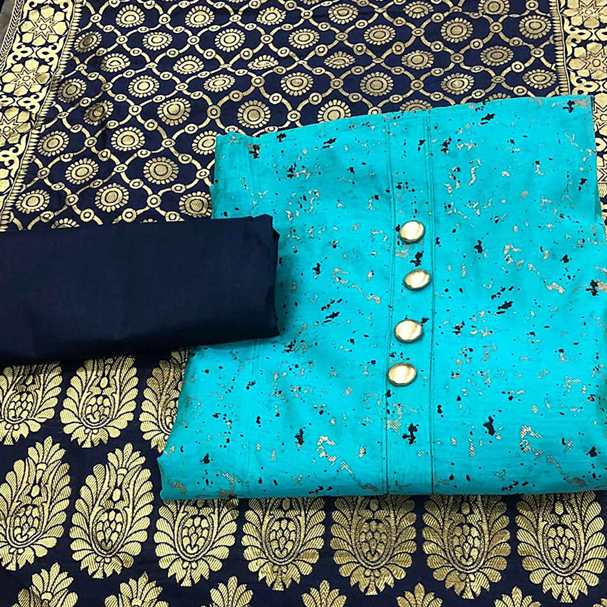 Classy Sky Blue Colored Casual Wear Printed Chanderi Dress Material With Banarasi Silk Dupatta - Peachmode