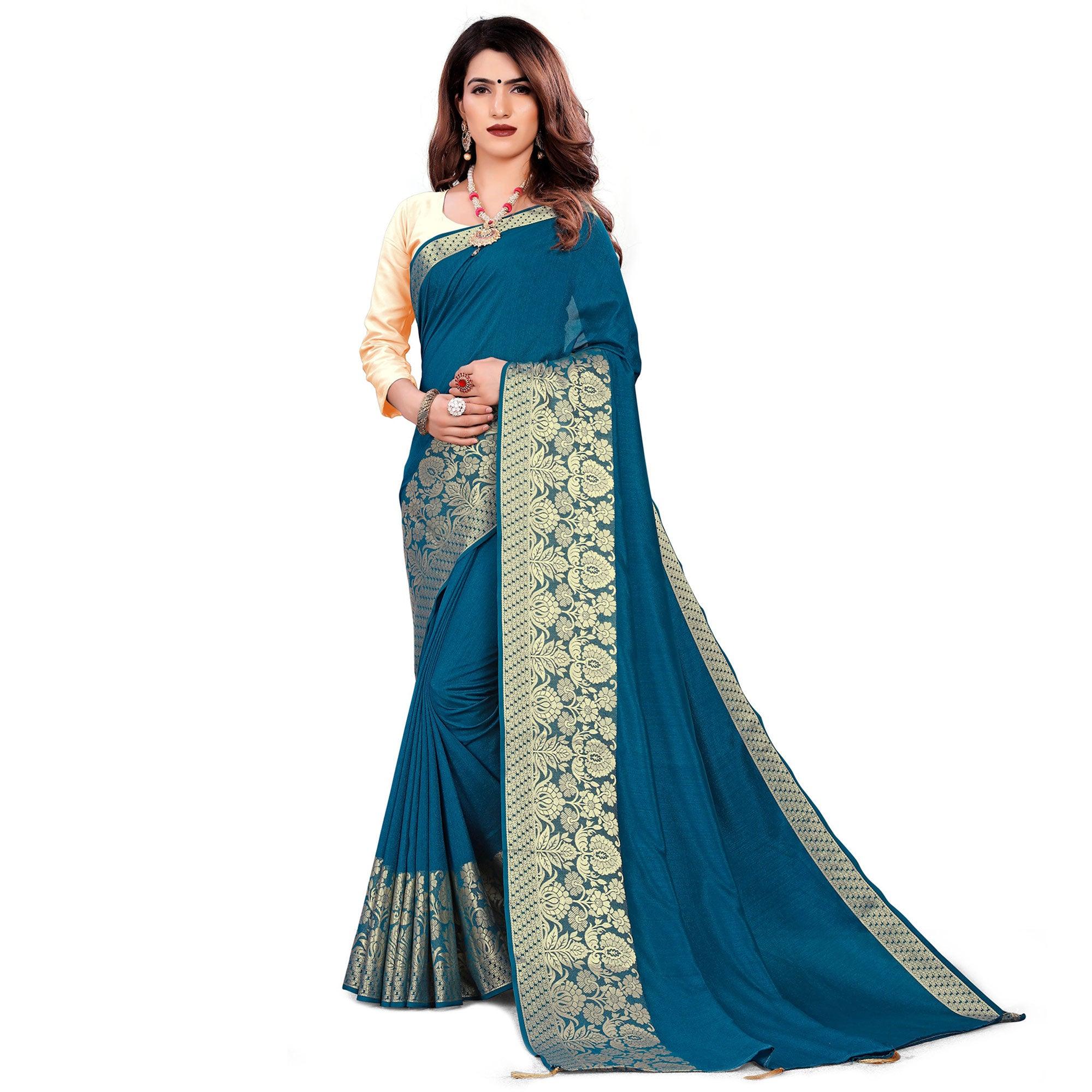 Classy Teal Blue Colored Festive Wear Woven Art Silk Saree With Tassels - Peachmode