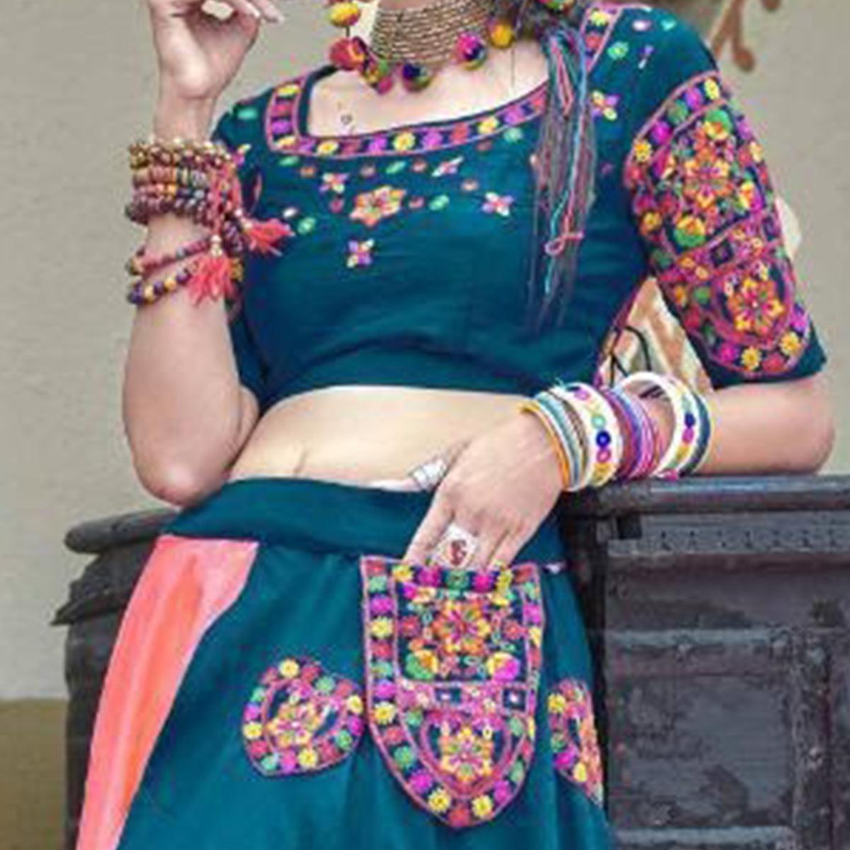 Classy Teal Blue Colored Party Wear Embroidered Soft Cotton Navratri Lehenga Choli - Peachmode