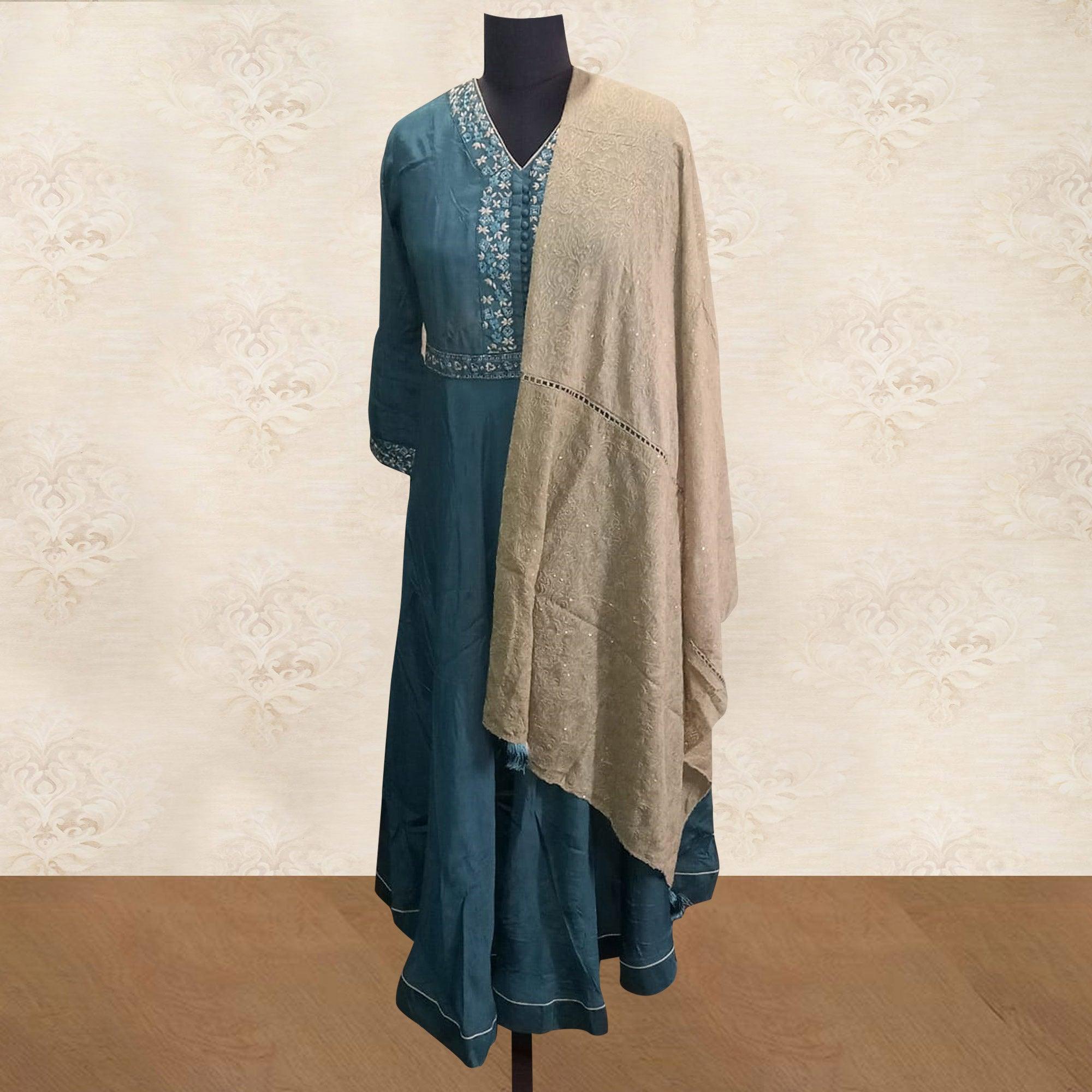 Classy Teal Blue Colored Partywear Embroidered Tapetta Silk Kurti With Dupatta - Peachmode