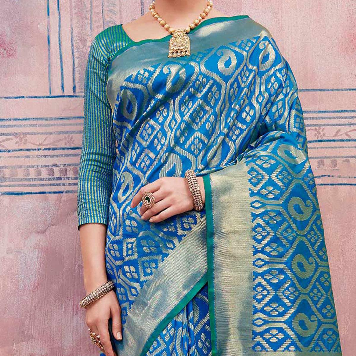 Classy Turquoise Blue Colored Festive Wear Silk Saree - Peachmode