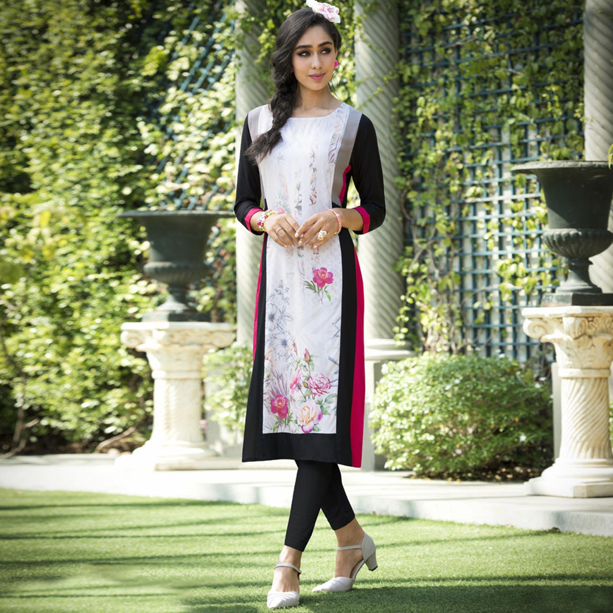 Classy White Colored Casual Printed Rayon Kurti - Peachmode