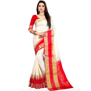 Classy White-Red Colored Festive Wear Woven Nylon Saree - Peachmode