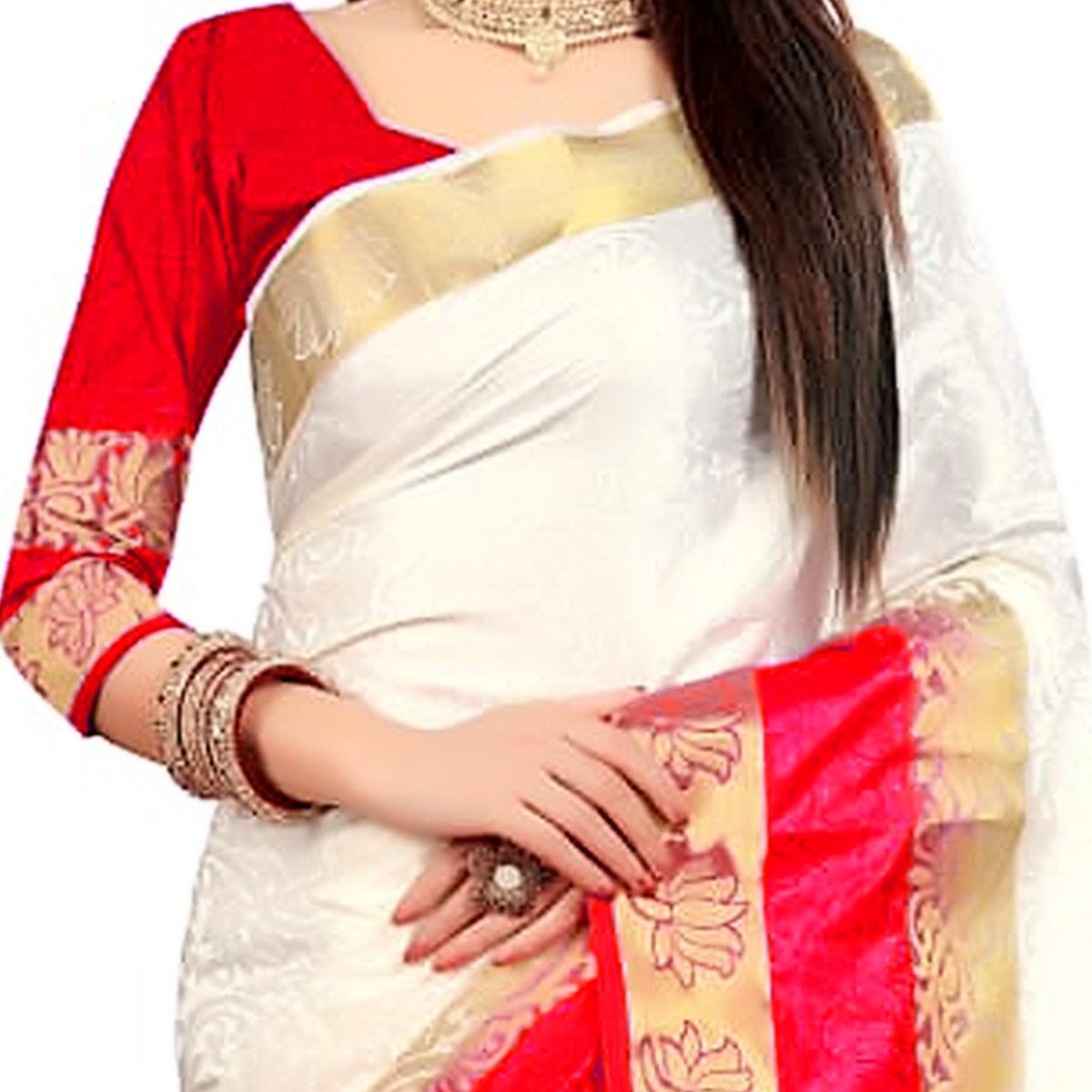 Classy White-Red Colored Festive Wear Woven Nylon Saree - Peachmode