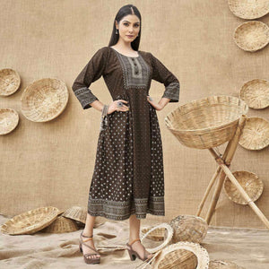Coffee Brown Foil Printed Rayon Kurti - Peachmode