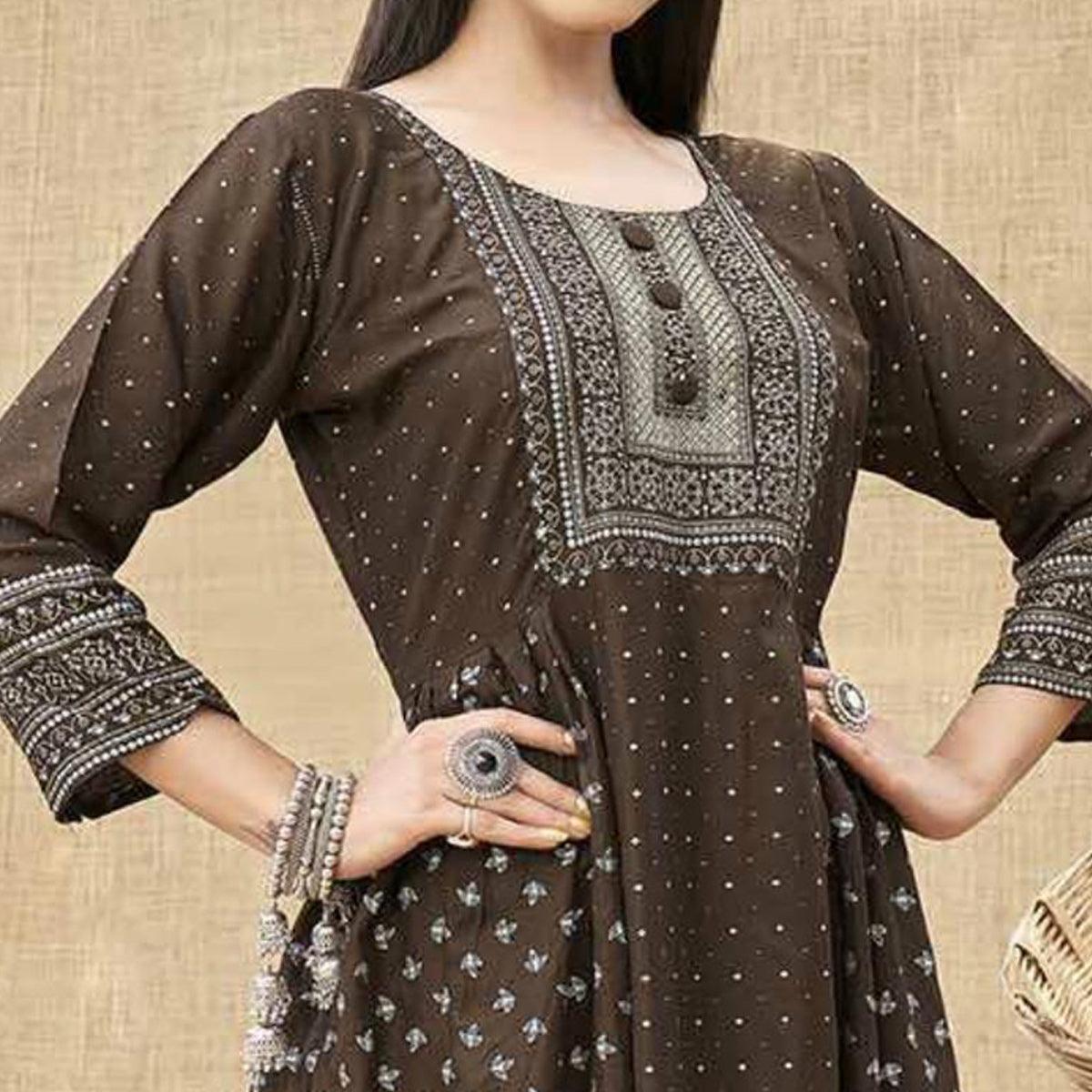 Coffee Brown Foil Printed Rayon Kurti - Peachmode
