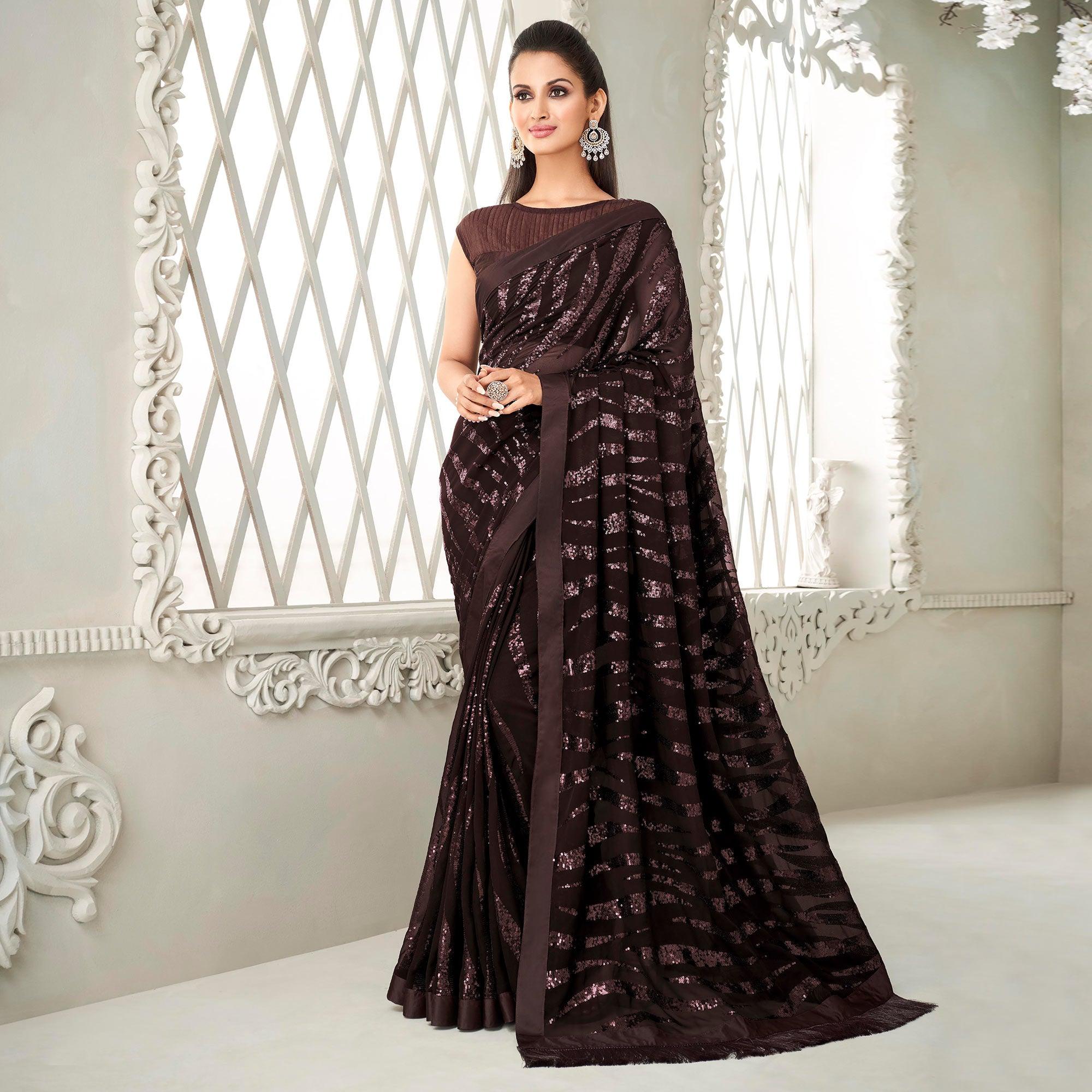 Coffee Brown Sequence Embroidered Georgette Saree With Tassels - Peachmode