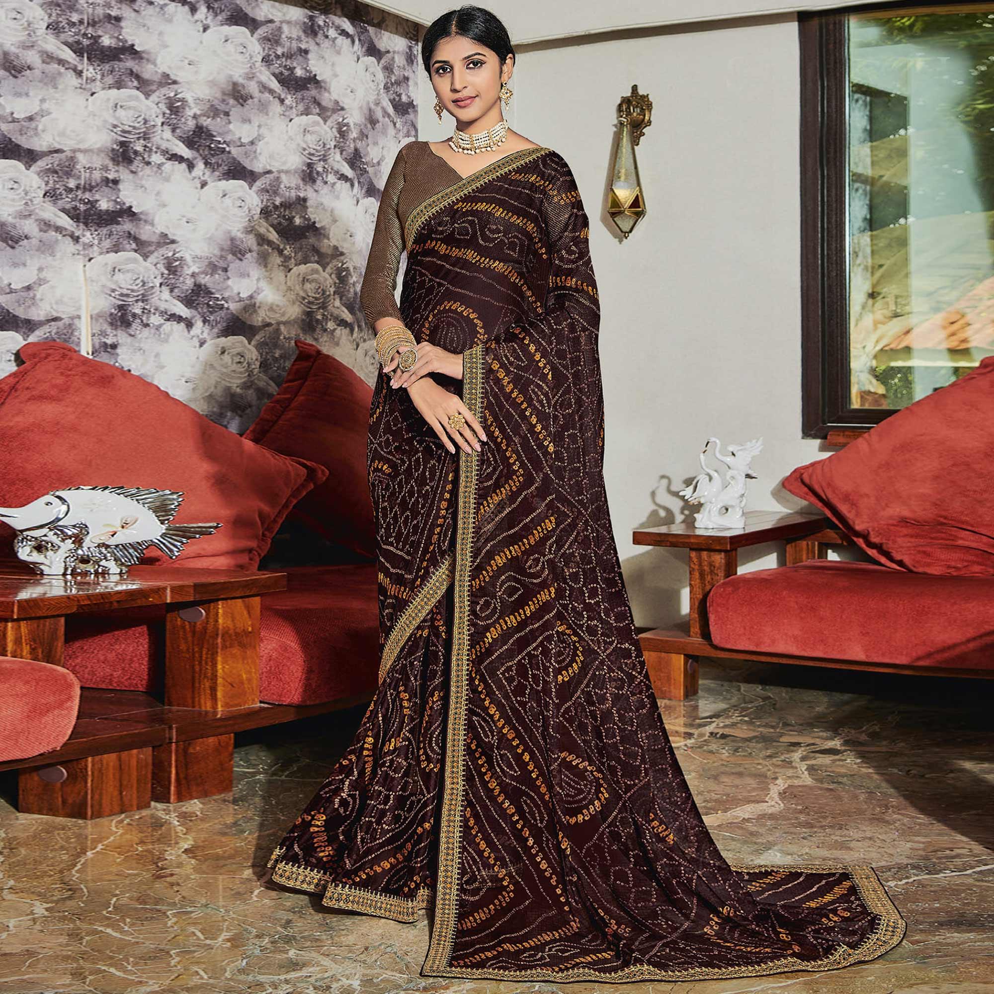 Coffee Casual Wear Bandhani Printed Chiffon Saree - Peachmode