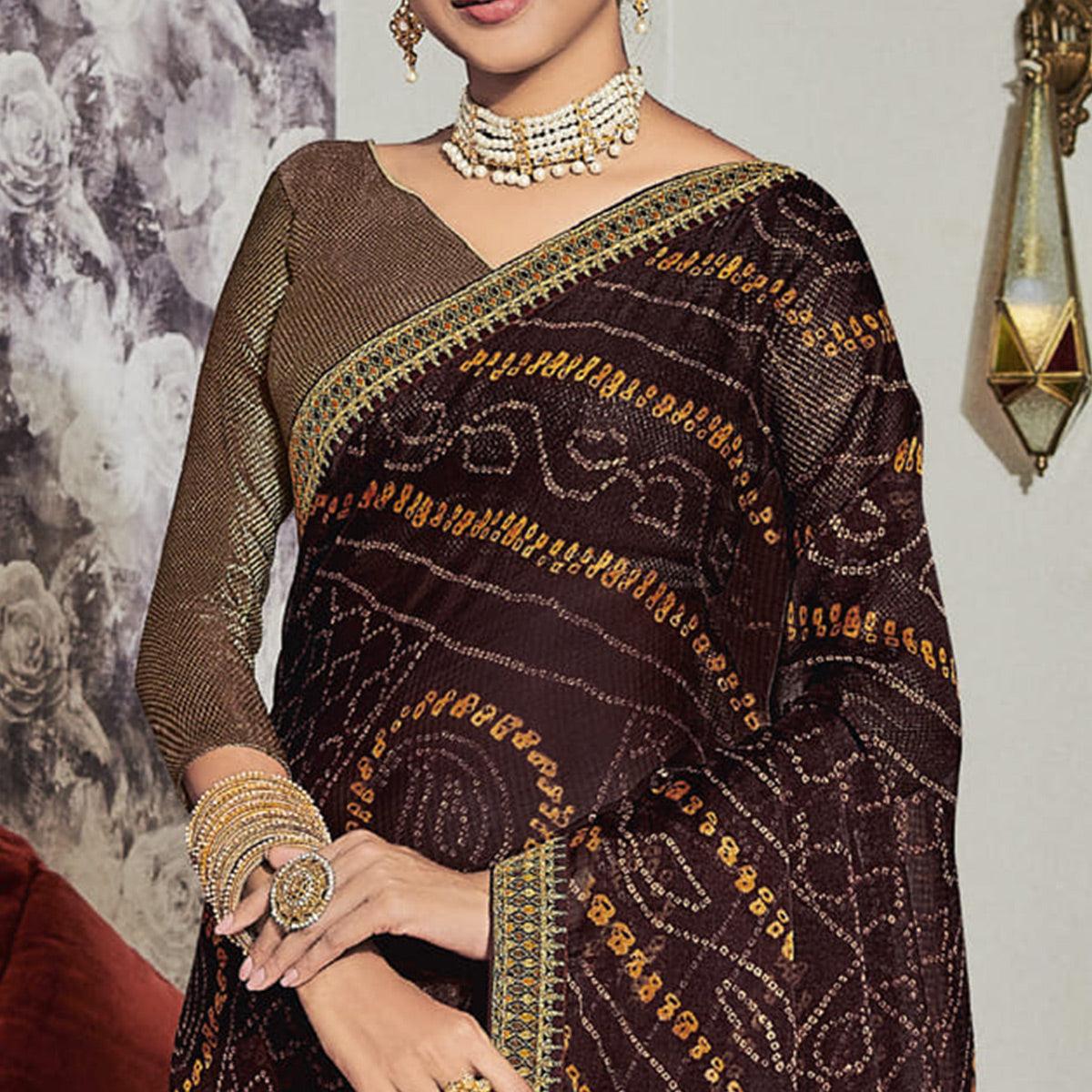 Coffee Casual Wear Bandhani Printed Chiffon Saree - Peachmode
