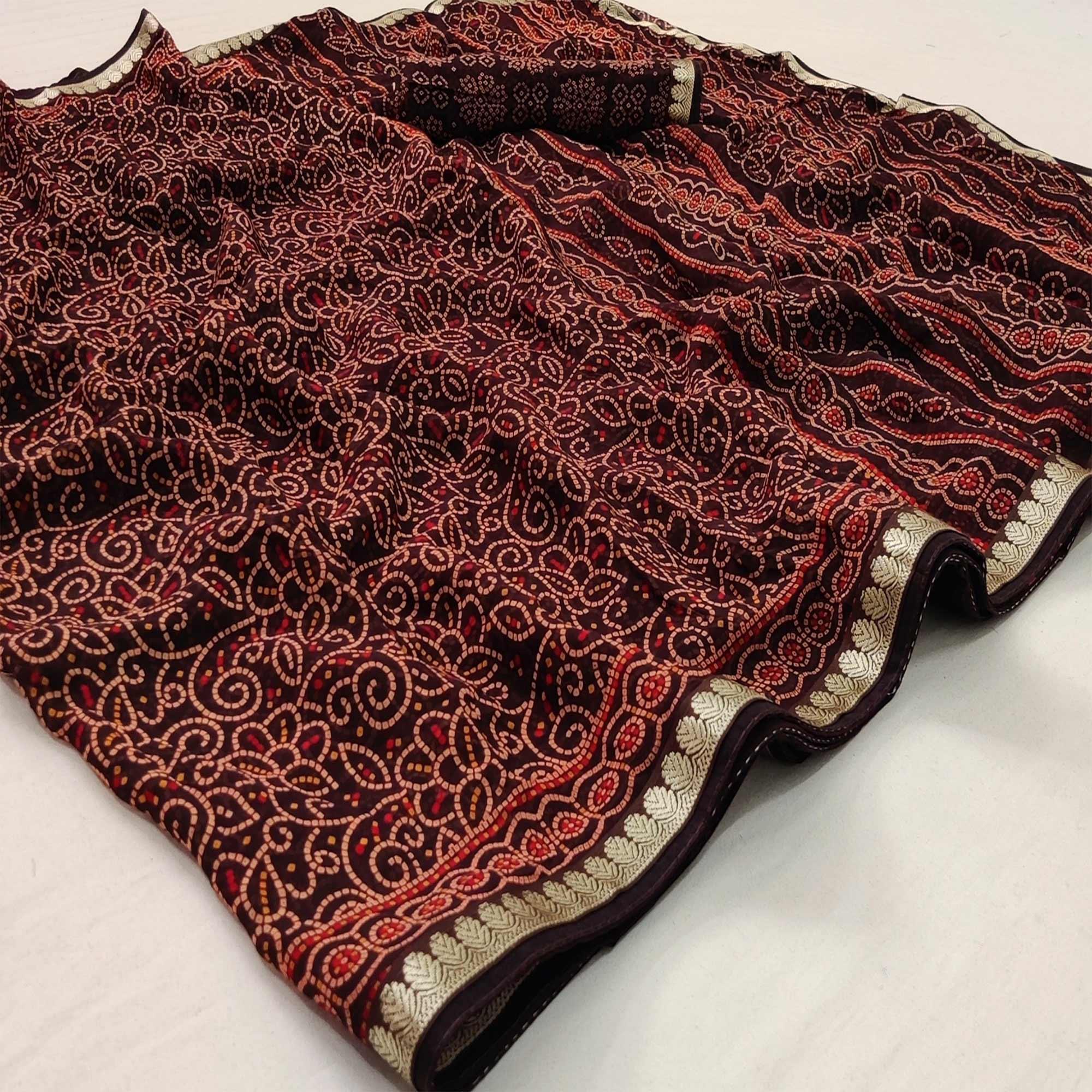 Coffee Casual Wear Bandhani Printed Soft Georgette Saree With Fancy Border - Peachmode