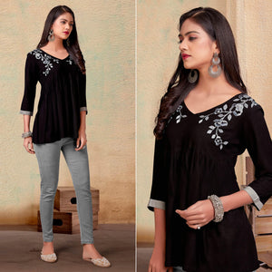 Coffee Casual Wear Floral Embroidered Rayon Top - Peachmode