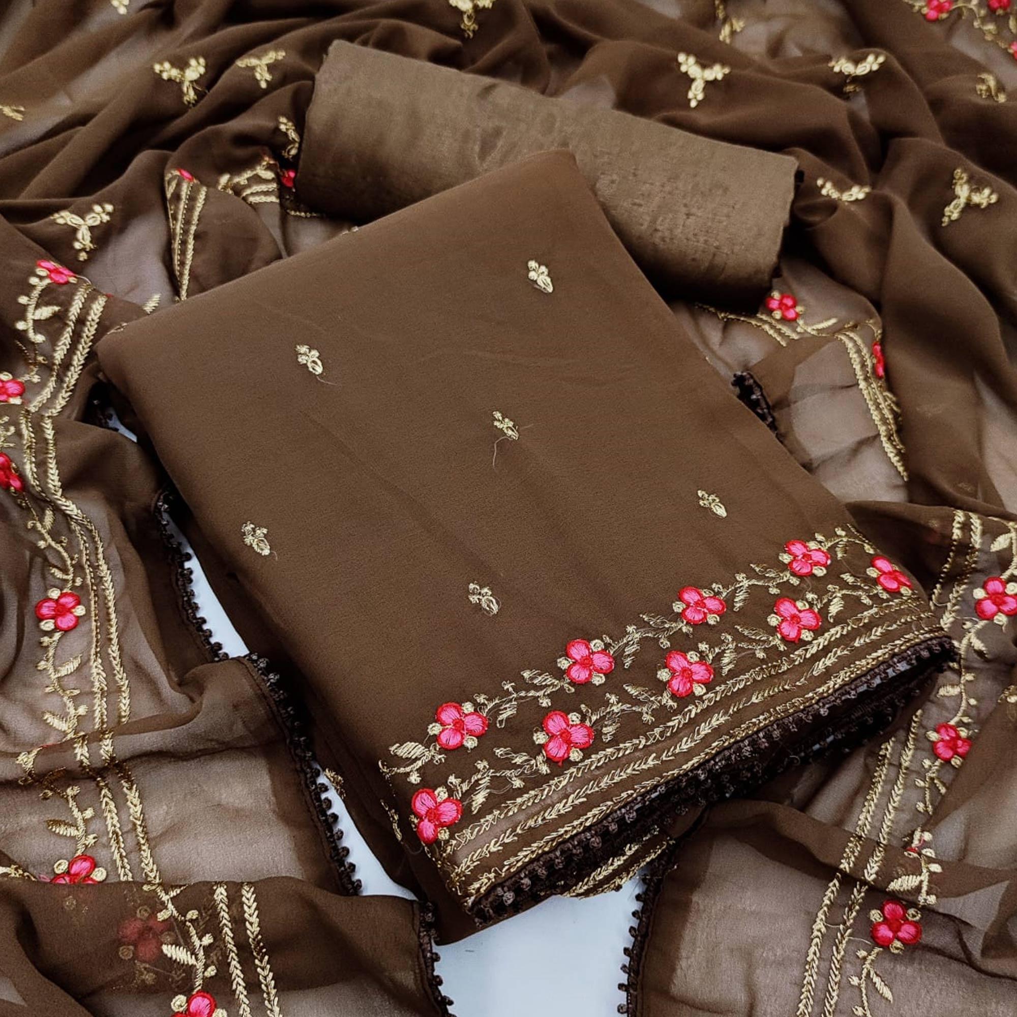 Coffee Casual Wear Floral Embroidery Work Georgette Dress Material - Peachmode