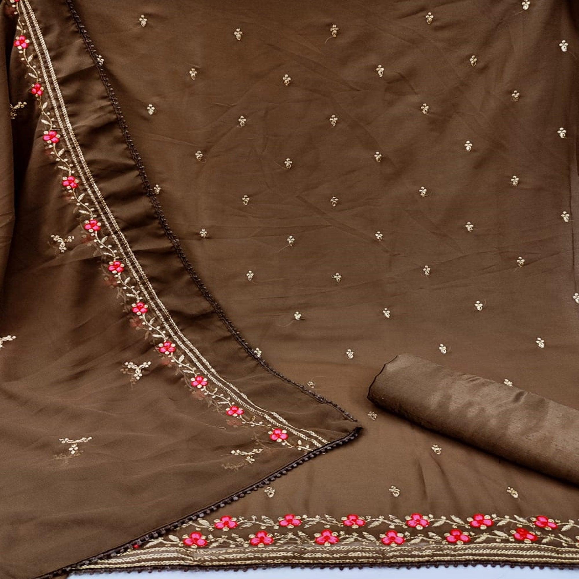Coffee Casual Wear Floral Embroidery Work Georgette Dress Material - Peachmode