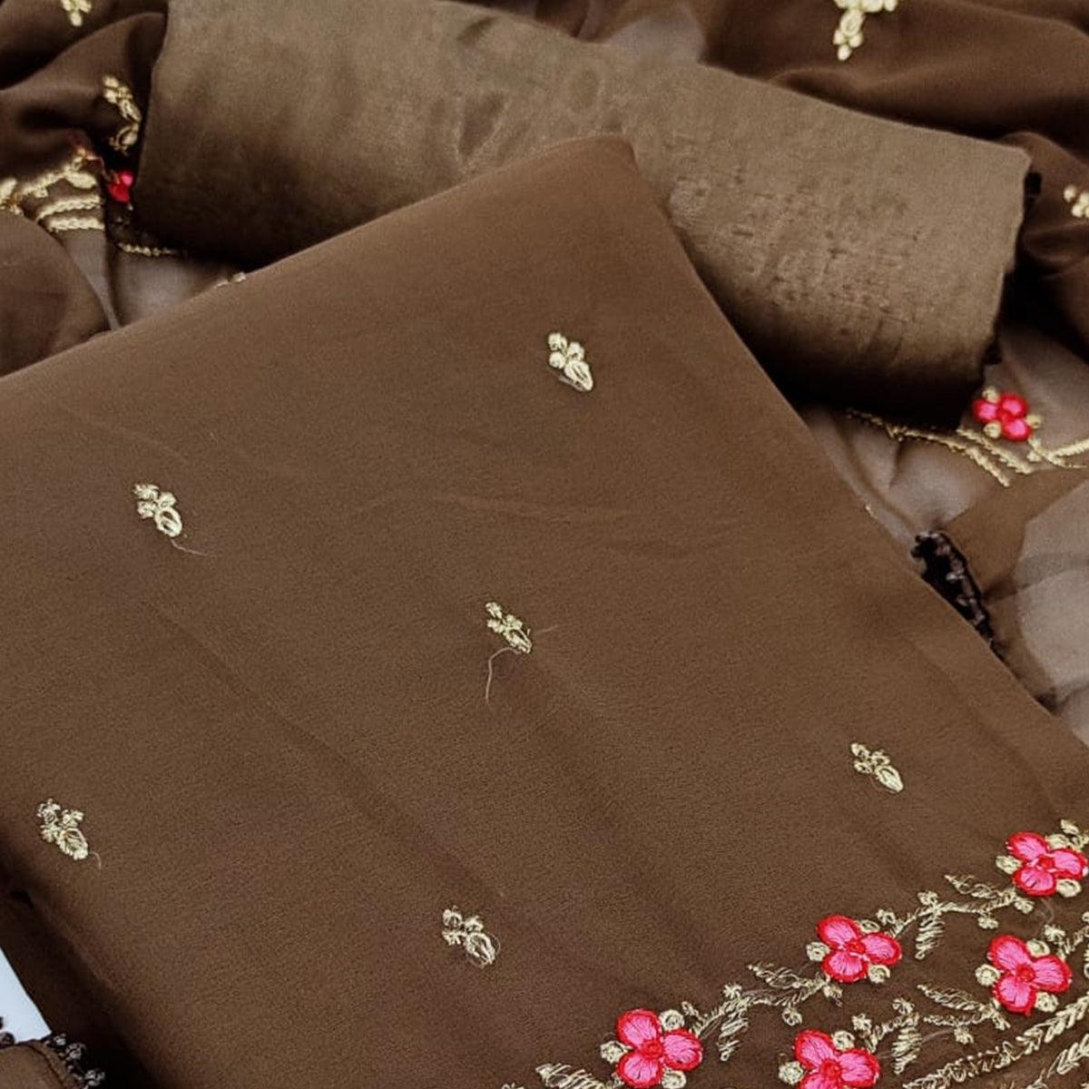 Coffee Casual Wear Floral Embroidery Work Georgette Dress Material - Peachmode