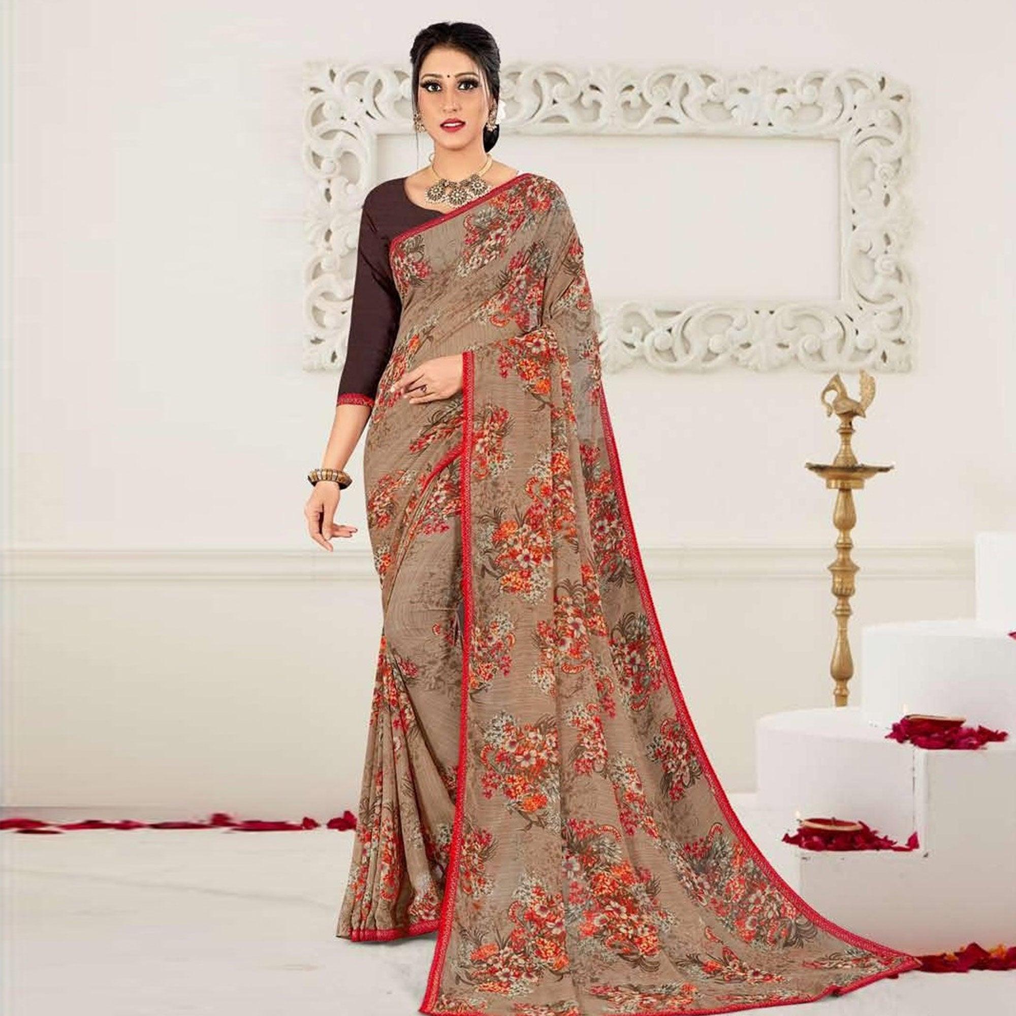 Coffee Casual Wear Floral Printed Georgette Saree - Peachmode