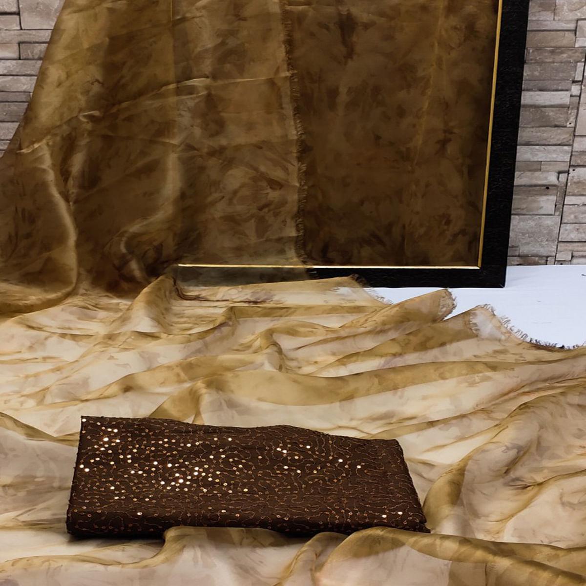 Coffee Casual Wear Printed Organza Saree - Peachmode