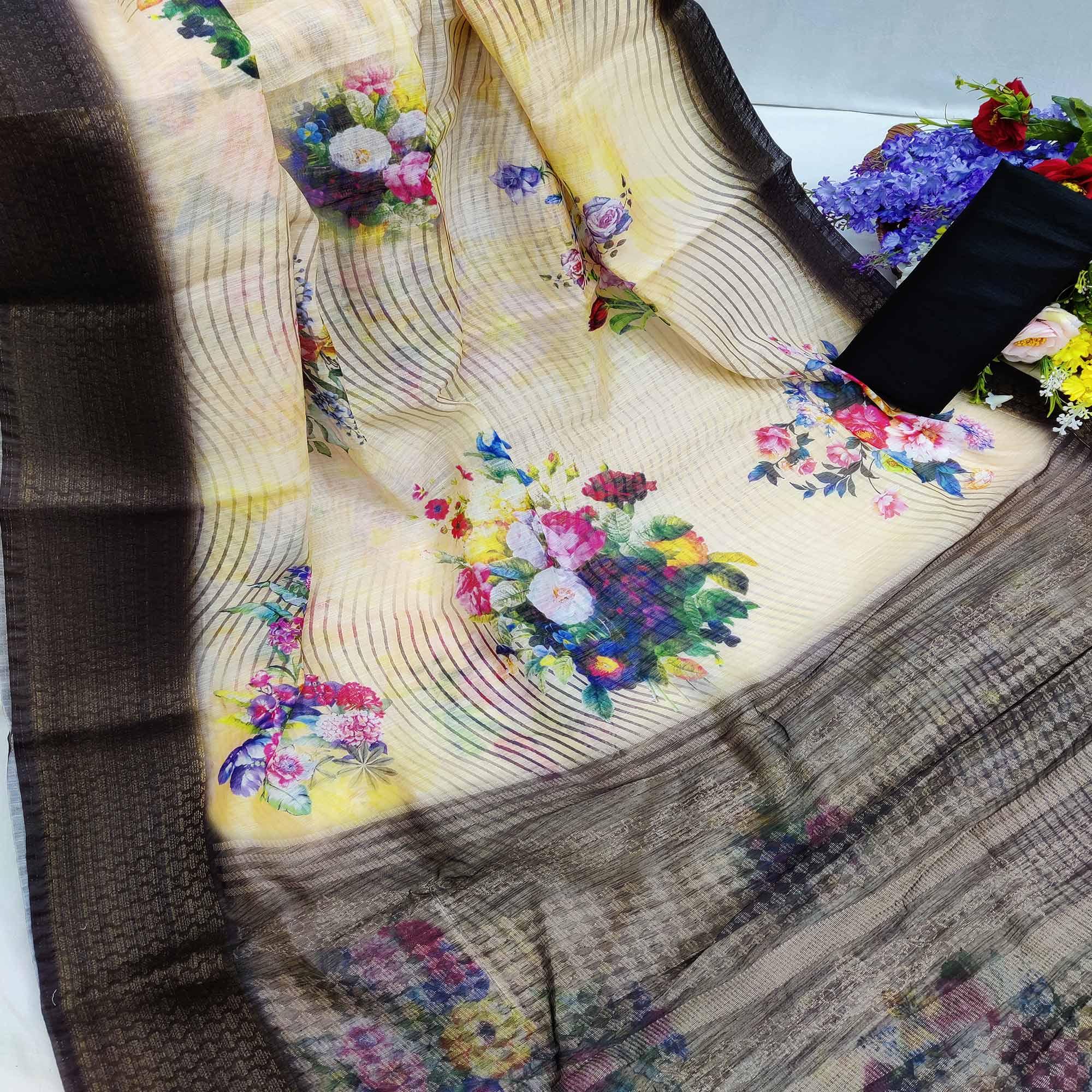Coffee-Cream Festive Wear Floral Digital Printed With Woven Zari Border Cotton Saree - Peachmode