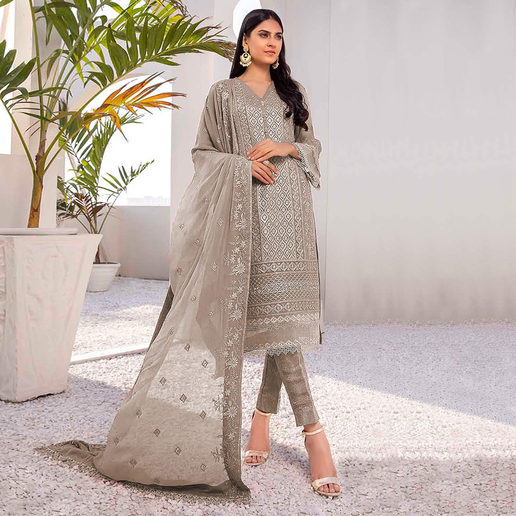 Coffee Embroidered Georgette Pakistani Suit - Peachmode