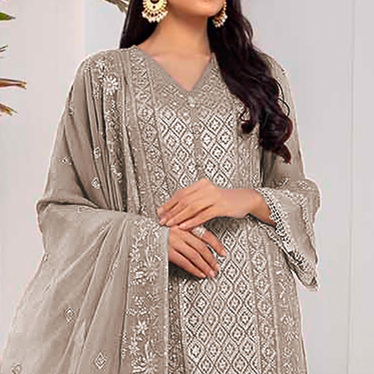 Coffee Embroidered Georgette Pakistani Suit - Peachmode