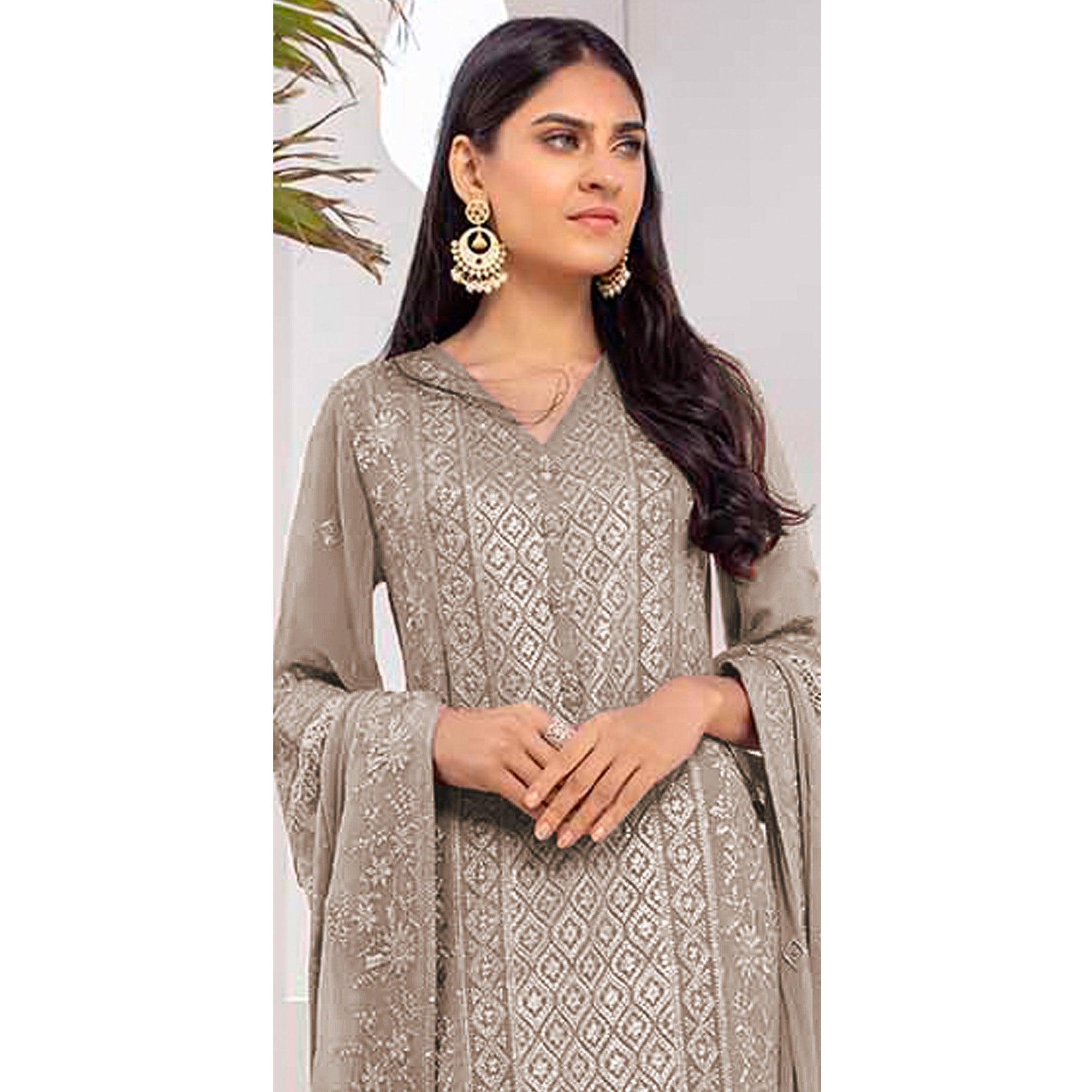 Coffee Embroidered Georgette Pakistani Suit - Peachmode