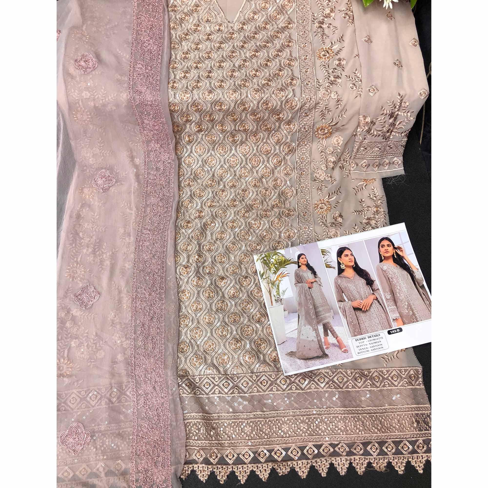 Coffee Embroidered Georgette Pakistani Suit - Peachmode