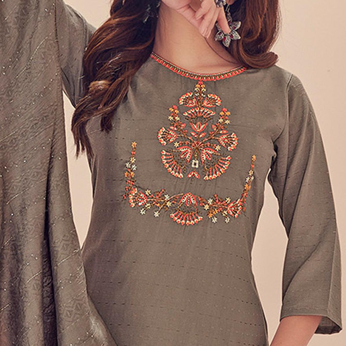 Coffee Embroidered With Embellished Chiffon Kurti Pant Set With Dupatta - Peachmode