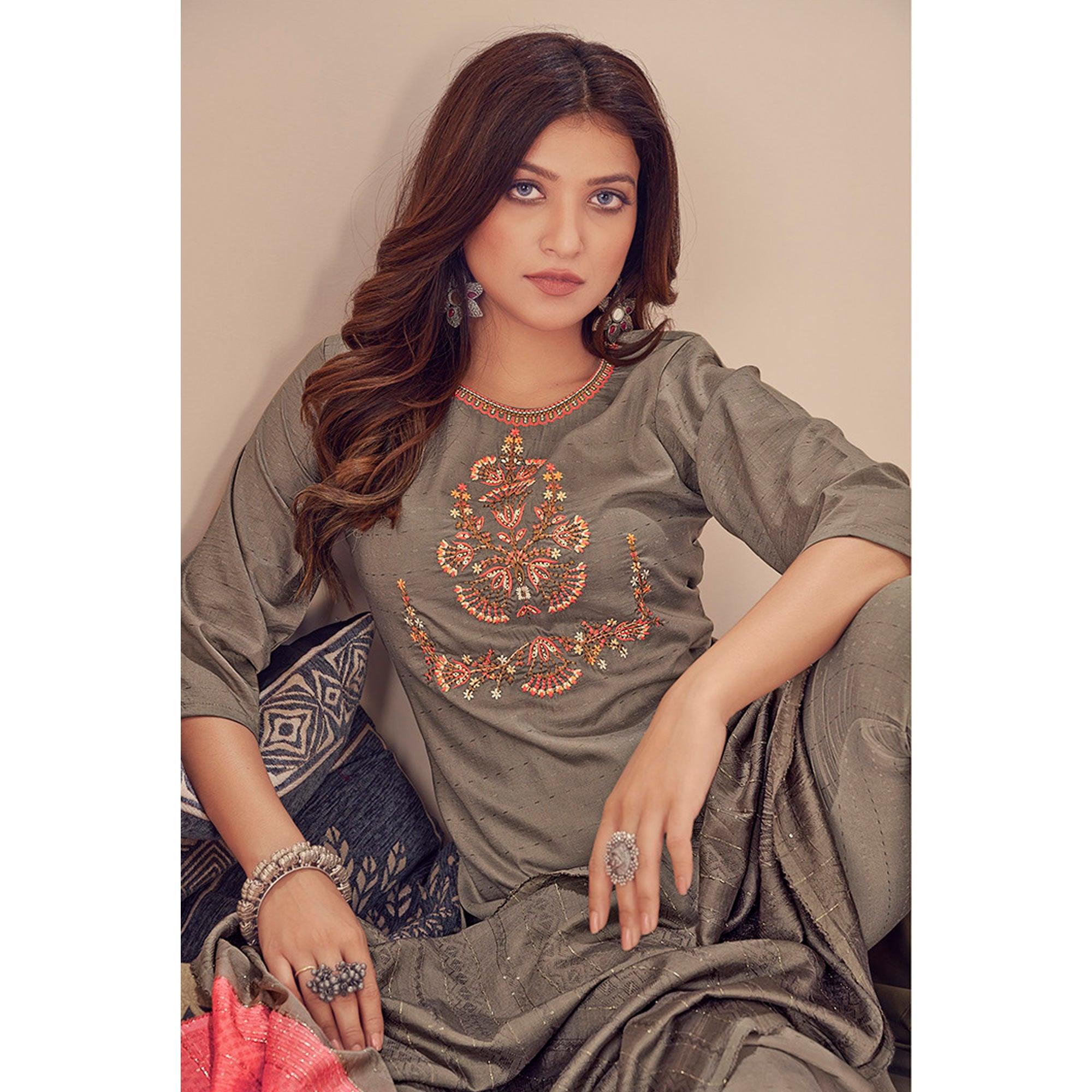 Coffee Embroidered With Embellished Chiffon Kurti Pant Set With Dupatta - Peachmode