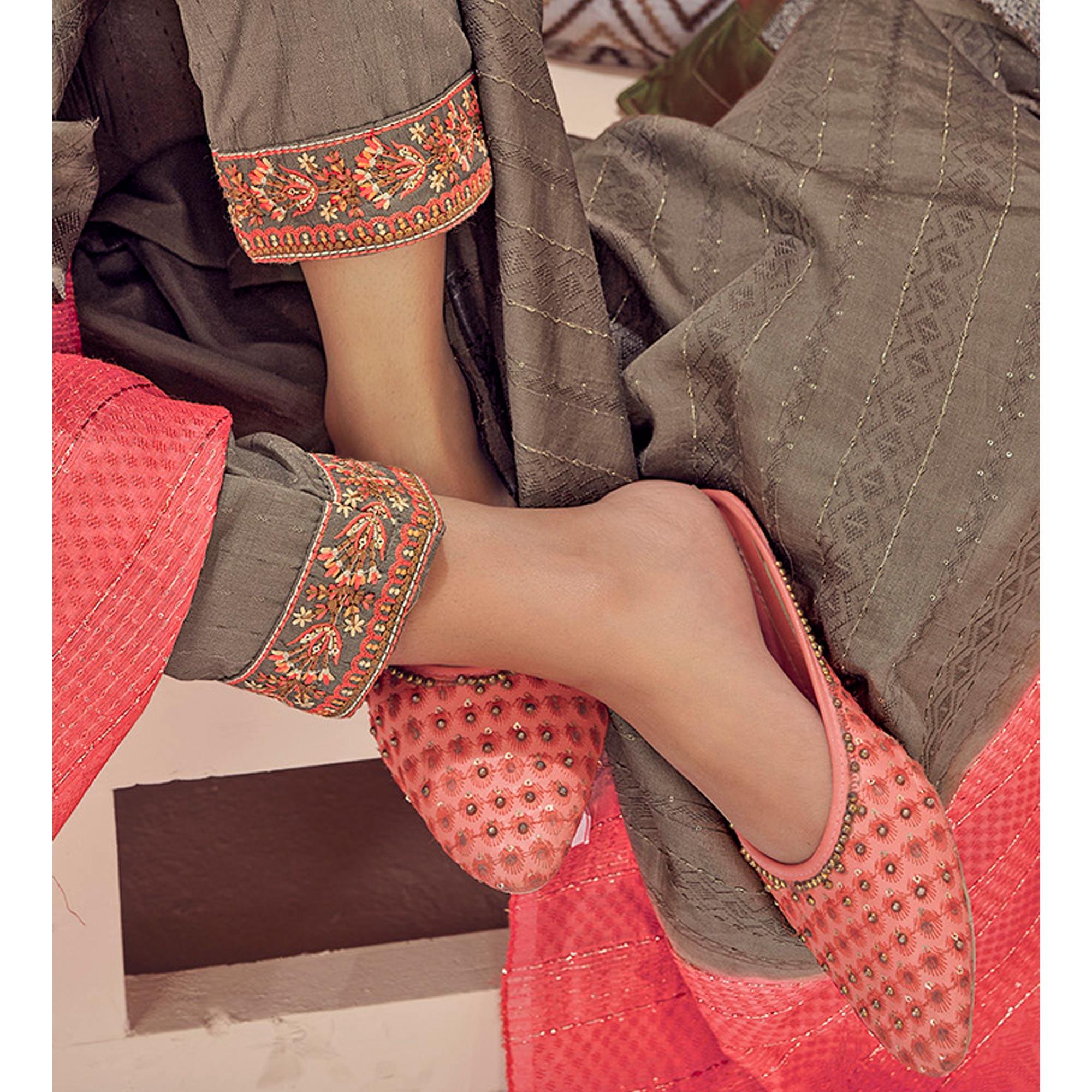Coffee Embroidered With Embellished Chiffon Kurti Pant Set With Dupatta - Peachmode
