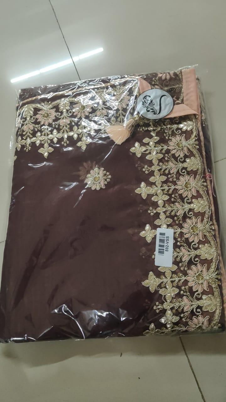 Coffee Embroidered With Embellished Georgette Saree - Peachmode