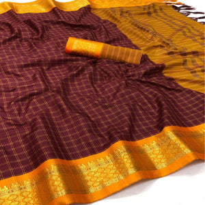 Coffee Festive Wear Checks With Woven Border Cotton Silk Saree - Peachmode
