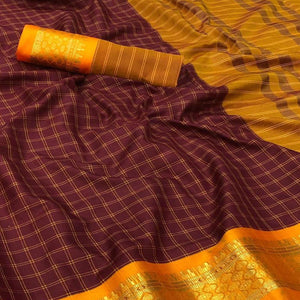 Coffee Festive Wear Checks With Woven Border Cotton Silk Saree - Peachmode