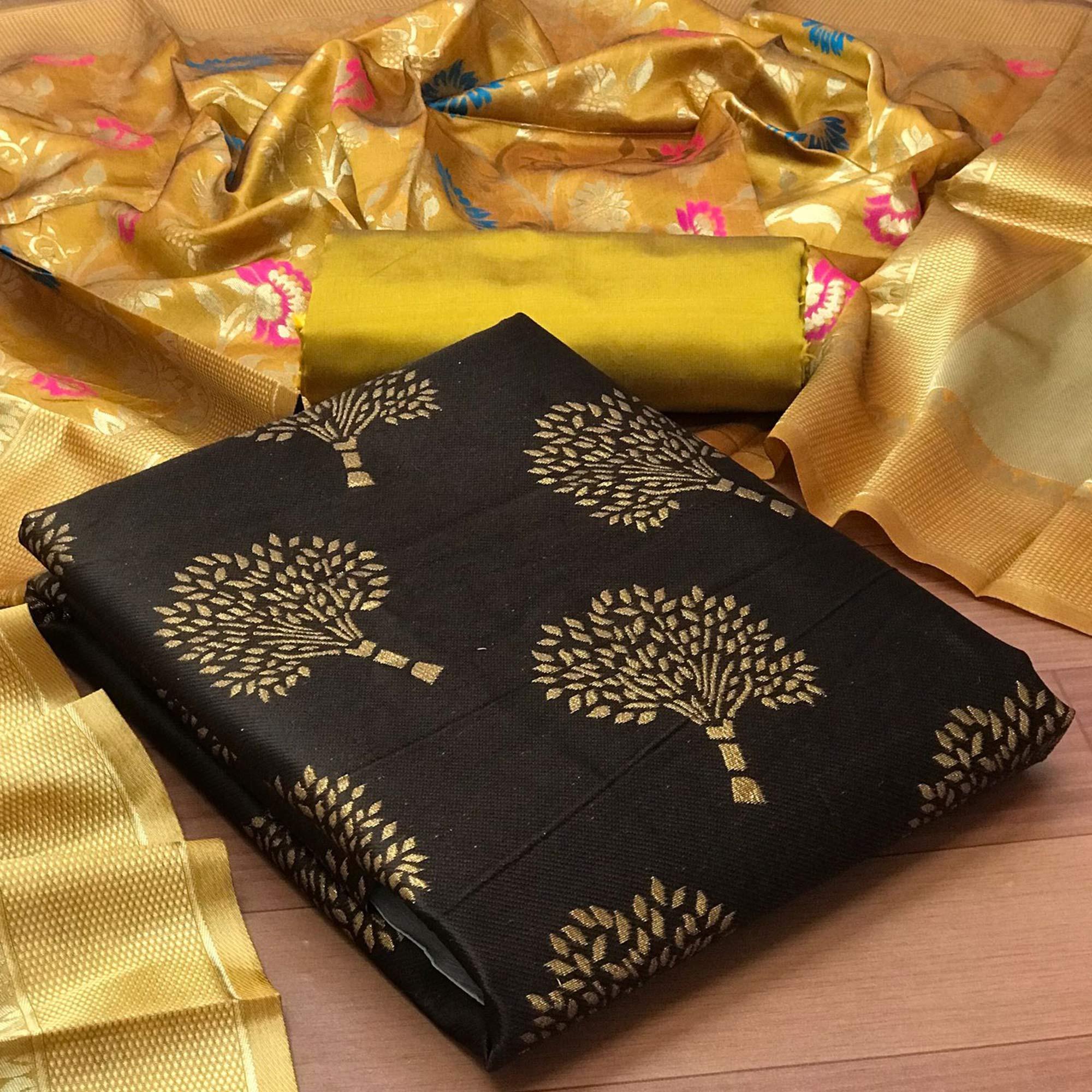 Coffee Festive Wear Embroidered Banarasi Silk Dress Material - Peachmode