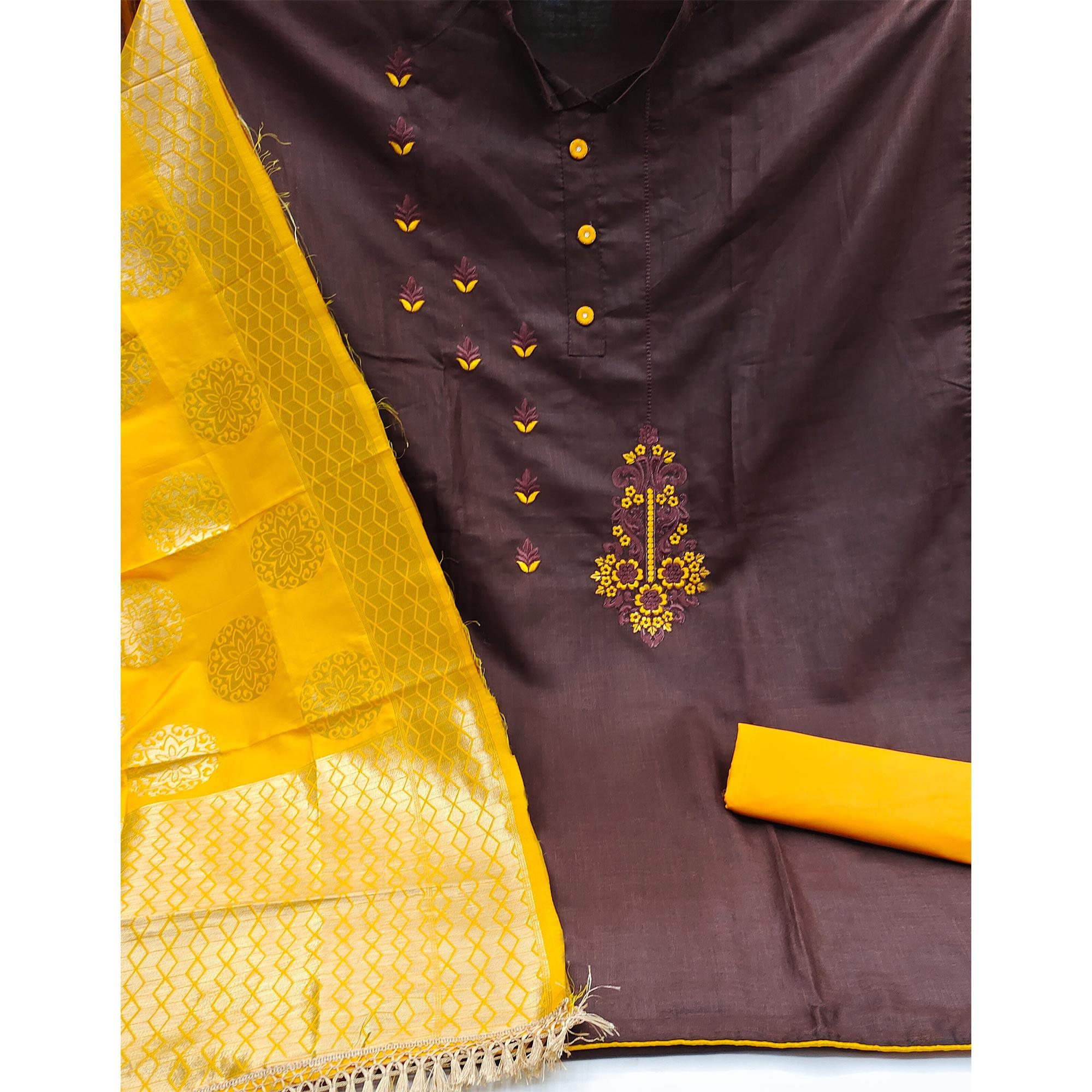 Coffee Festive Wear Embroidered Cotton Dress Material - Peachmode