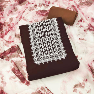 Coffee Floral Embroidered Georgette Dress Material - Peachmode