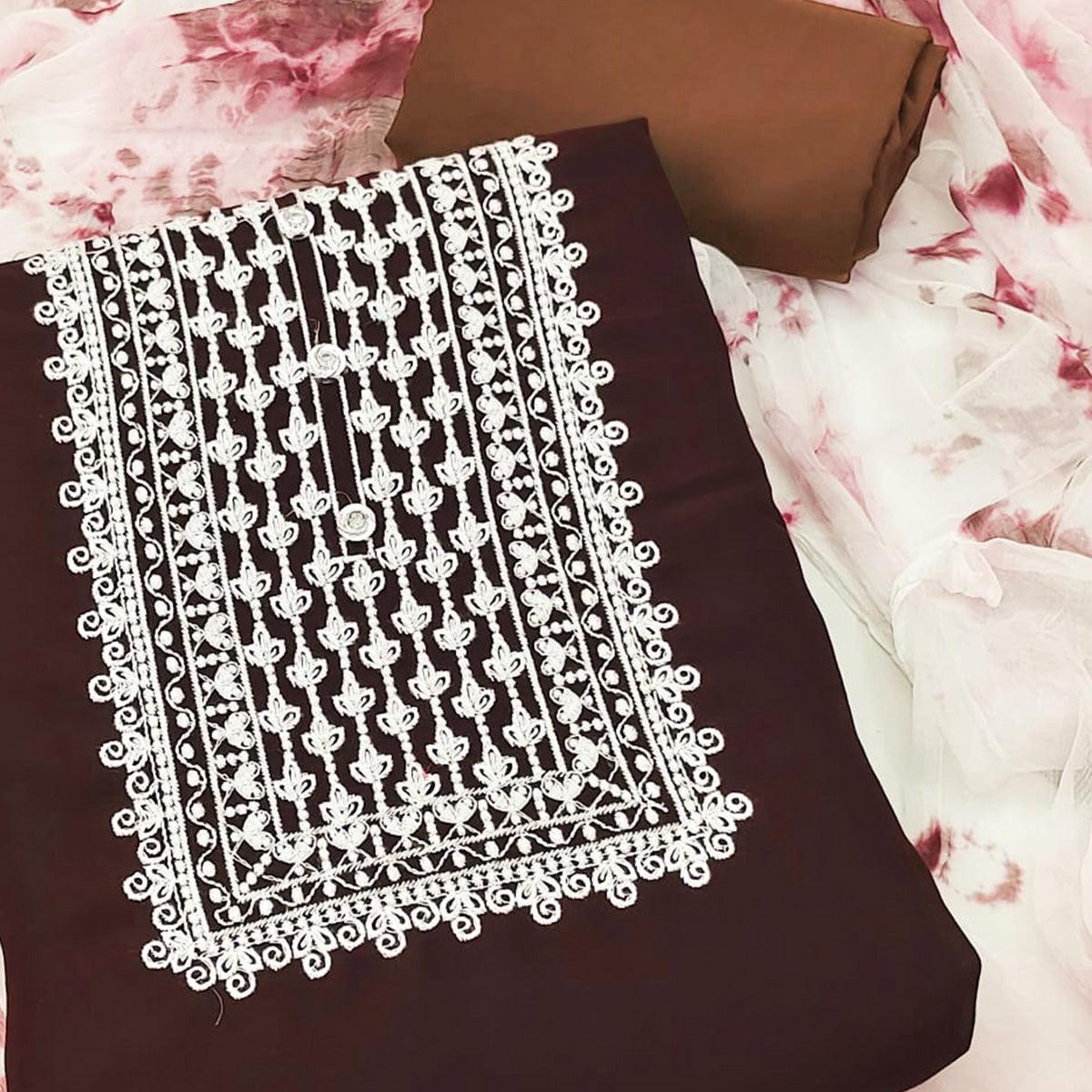 Coffee Floral Embroidered Georgette Dress Material - Peachmode