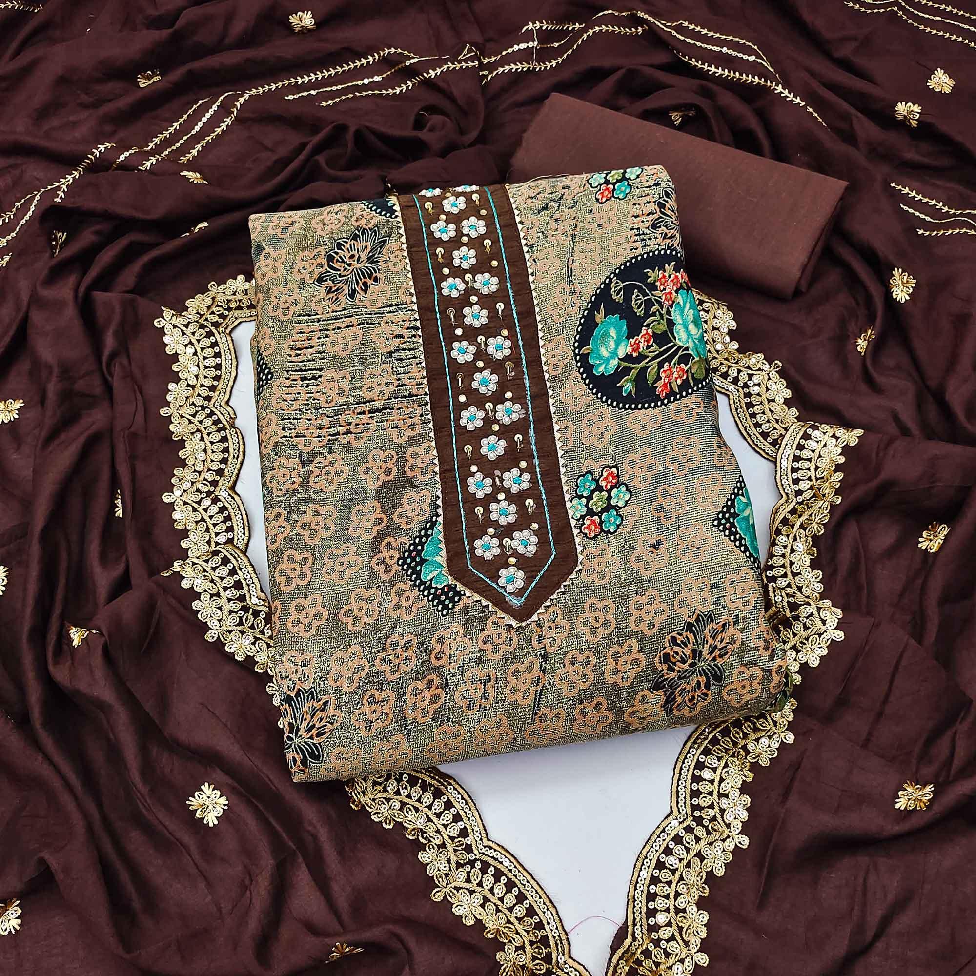 Coffee Floral Printed With Embellished Pure Cotton Dress Material - Peachmode