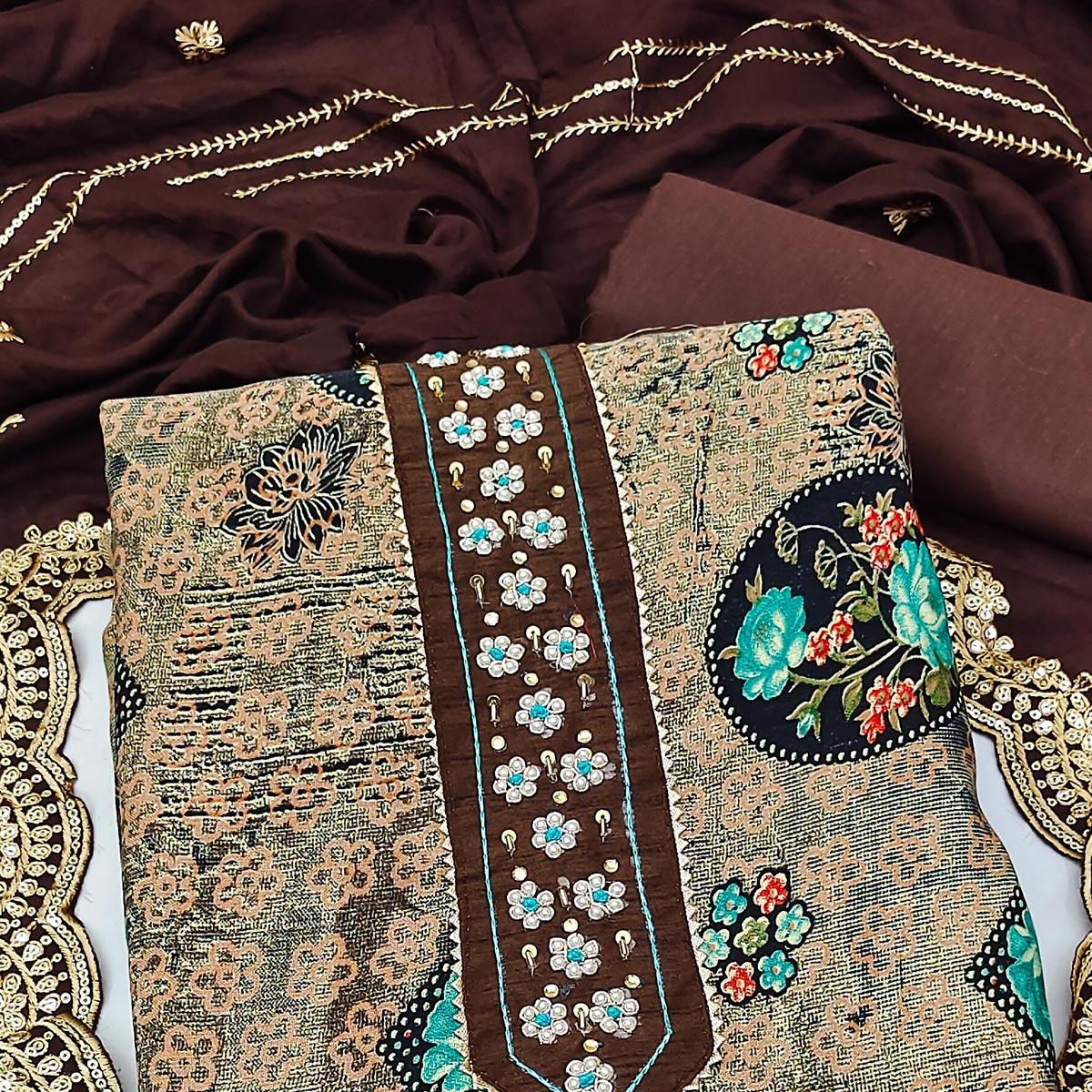 Coffee Floral Printed With Embellished Pure Cotton Dress Material - Peachmode