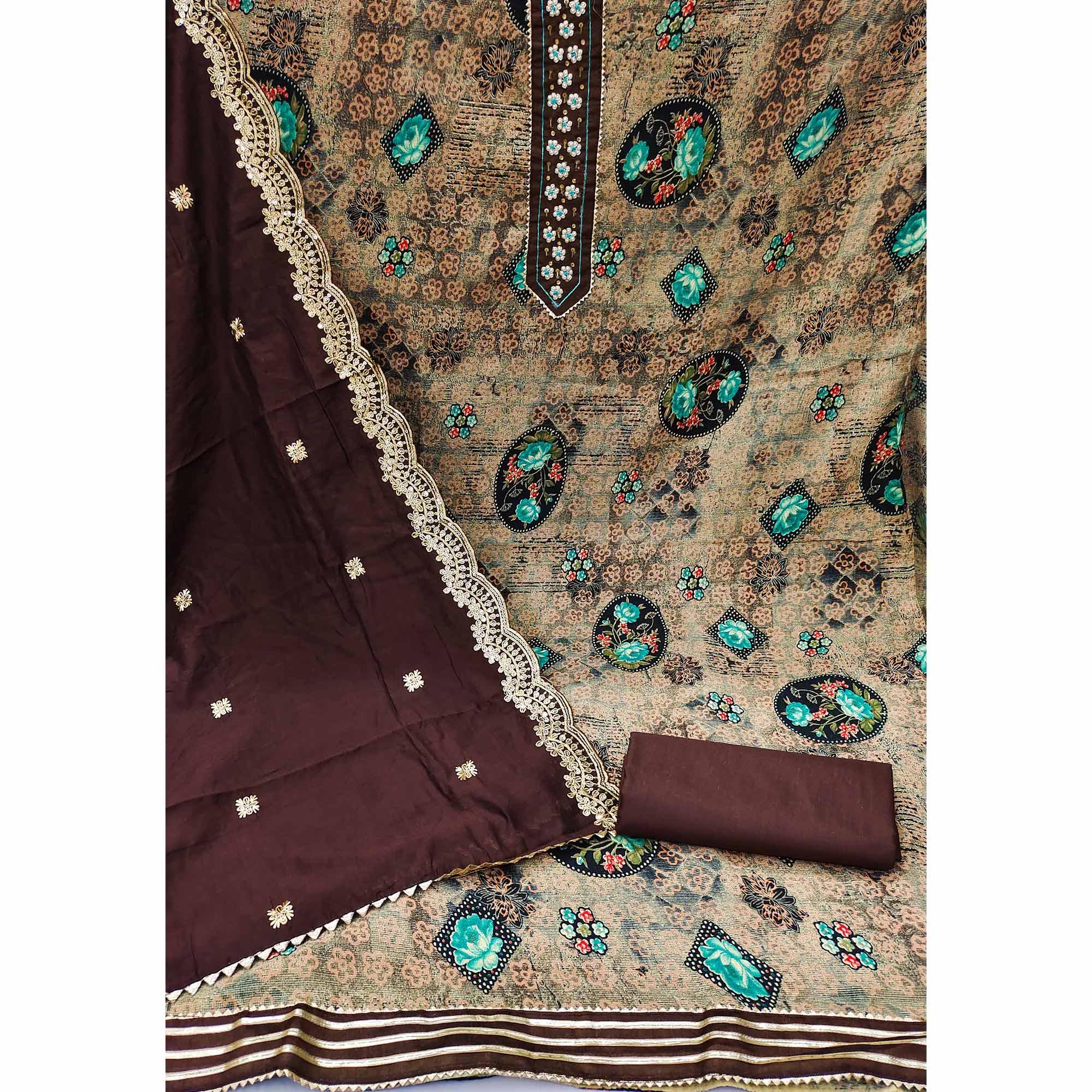 Coffee Floral Printed With Embellished Pure Cotton Dress Material - Peachmode
