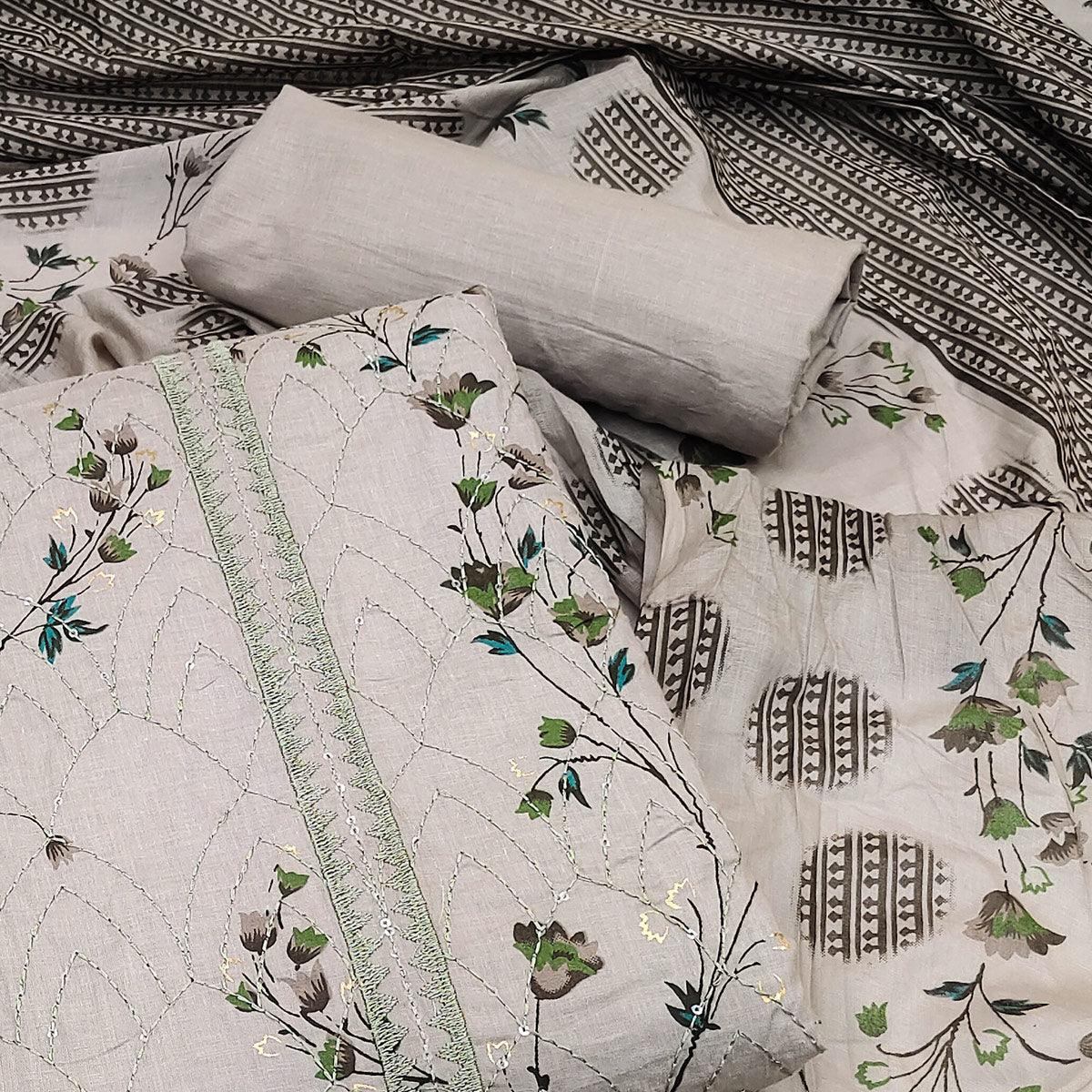 Coffee Floral Printed With Embroidered Pure Cotton Dress Material - Peachmode