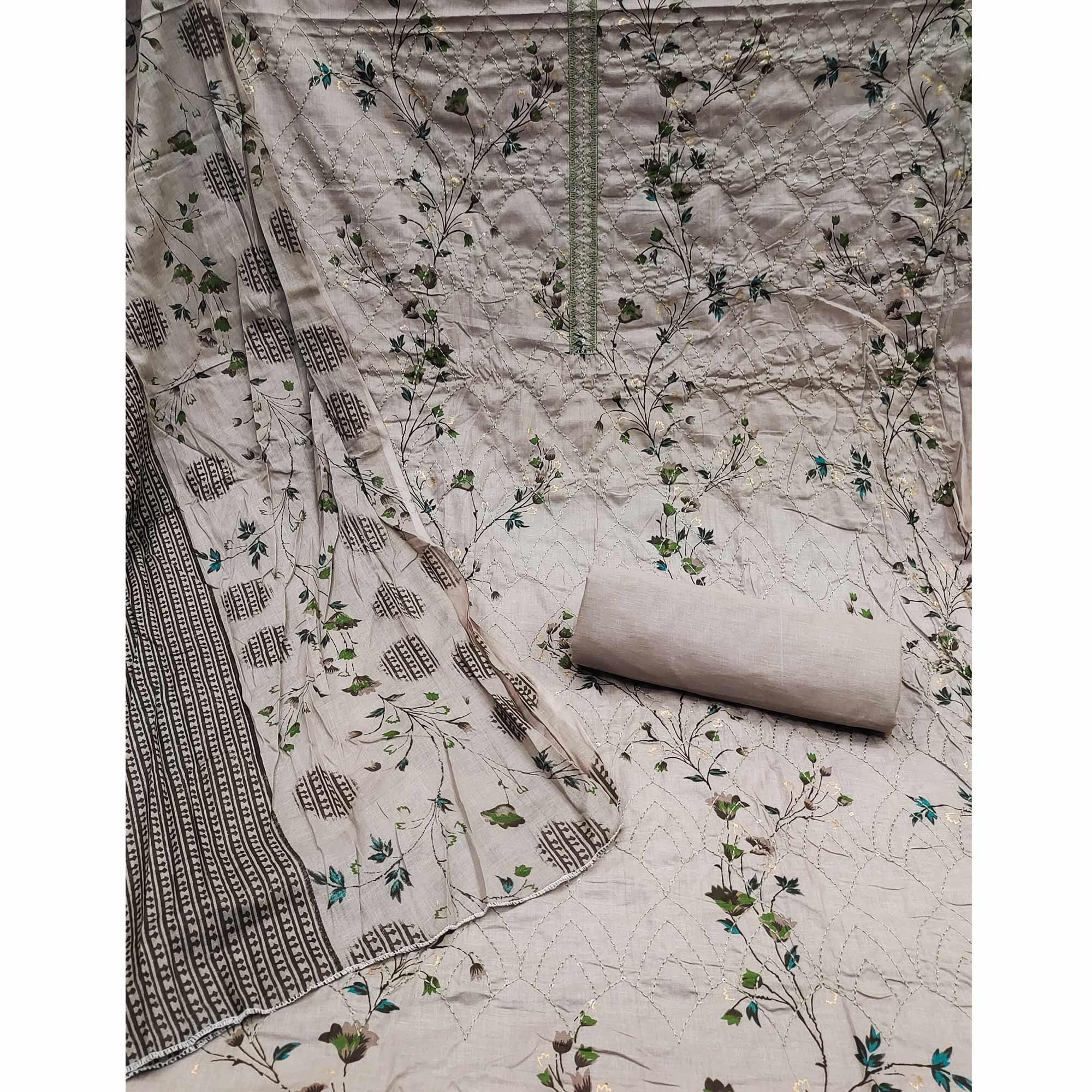 Coffee Floral Printed With Embroidered Pure Cotton Dress Material - Peachmode
