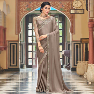 Coffee Floral Sequence Embroidered Art Silk Saree - Peachmode